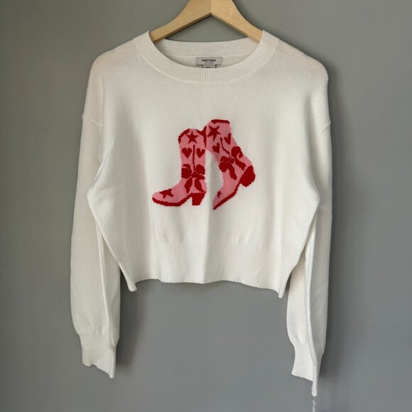Haute Hippie White Sweater with Red and Pink Boot Design, Medium - Picture 1 of 7
